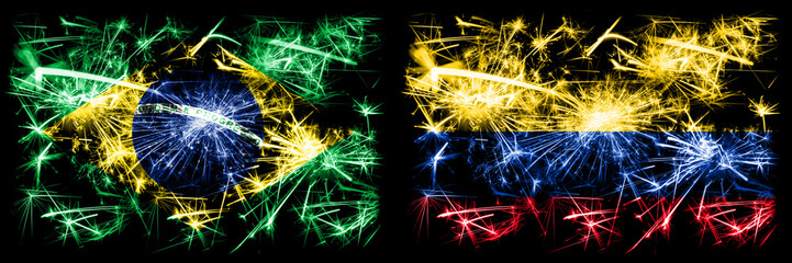 Brazil, Brazilian vs Colombia, Colombian New Year celebration sparkling fireworks flags concept background. Combination of two states flags