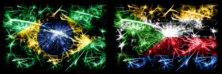 Brazil, Brazilian vs Comoros, Comorian New Year celebration sparkling fireworks flags concept background. Combination of two states flags