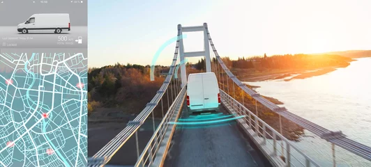 Photo sur Plexiglas Chemin de fer Autonomous Electric van car driving on a forest highway with technology assistant tracking information, showing details. Visual effects clip