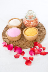 Fototapeta na wymiar Mix of different salt types in spa salon, Healthy concept