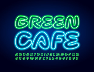 Vector neon banner Green Cafe with electric Font. Bright Uppercase Alphabet Letters and Numbers