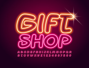 Vector Sign Gift Shop. Neon Pink Font. Creative Uppercase Alphabet Letters and Numbers