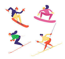 Fototapeta na wymiar Set of Winter Time Sports Activities Isolated on White Background. Skiing Snowboarding Sportsmen Sportswomen with Sports Equipment Snowboard and Skis Riding Downhills. Cartoon Flat Vector Illustration