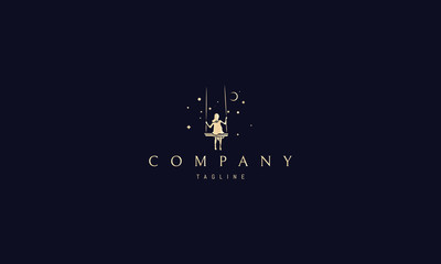 Vector golden logo on which an abstract image of a girl riding on a swing under the starry sky . - obrazy, fototapety, plakaty