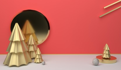 christmas tree rose gold pink tone background 3d render with copy space