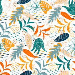 Vector seamless pattern, beautiful floral design. Colorful floral background. Bright tropical leafs pattern. Seamless texture with tropical ornament for fabric, wallpaper, cover and more