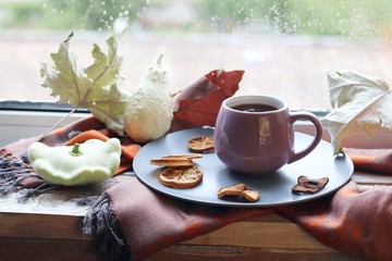 Cup of coffee on the background of the window, behind which rain, apples, a warm scarf, leaves, autumn season, the concept of home comfort