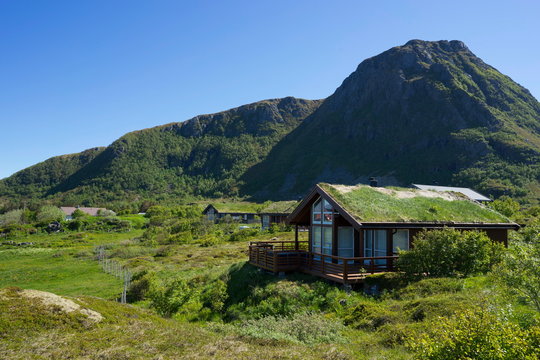 Traditional houses in the mountains of Lofoten, Norway.