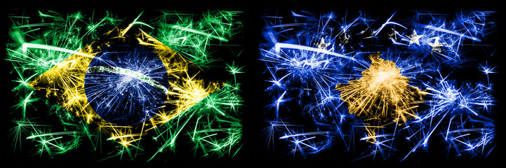 Brazil, Brazilian vs Kosovo, Serbia New Year celebration sparkling fireworks flags concept background. Combination of two states flags