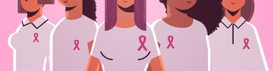 breast cancer day women wearing t-shirts with pink ribbon mix race girls standing together disease awareness and prevention concept flat portrait horizontal vector illustration