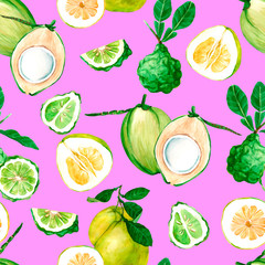 Watercolor seamless pattern with exotic fruits. Young green coconut and Kaffir Lime. Ideal for fabric, packaging and textile products.