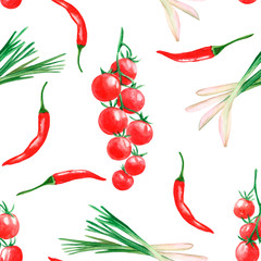 Seamless pattern with watercolor spices -  chili pepper, green onion feather and cherry tomatoes. ideal for printing, packaging and fabric.