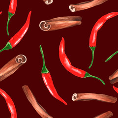 Seamless pattern with watercolor spices - cinnamon and chili pepper.  Decorative colorful composition on background.