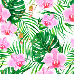 Orchid flower with tropical palm leaf on a background. Watercolor seamless pattern.
