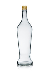 Empty glass bottle with lid. Isolated on white background with reflection