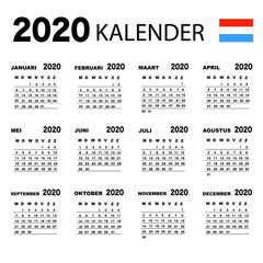 Dutch calendar 2020 with simple black numbers, week starts on Monday. Vector calendar 2020.