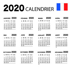 French calendar 2020 with simple black numbers, week starts on Monday. Vector calendar 2020.