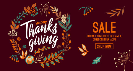Fototapeta Hand drawn Happy Thanksgiving typography in autumn wreath banner. Celebration text with berries and leaves for postcard, icon or badge. Vector calligraphy lettering holiday quote obraz