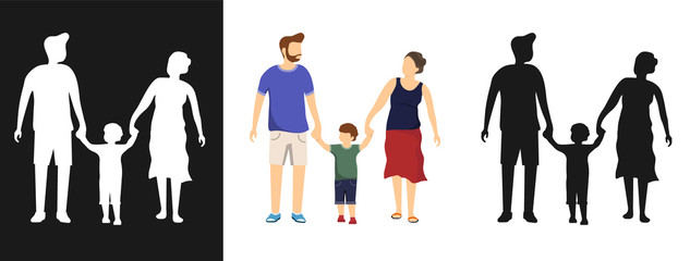 Fototapeta na wymiar Happy family, silhouette of a happy family. Mom, dad and son go holding hands. Vector, cartoon illustration of family