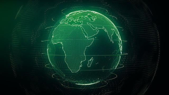 Futuristic green digital Earth Europe skyline. Global data network around planet in modern age. Worldwide internet and blockchain. Technology, connectivity, science and business concept 3D render