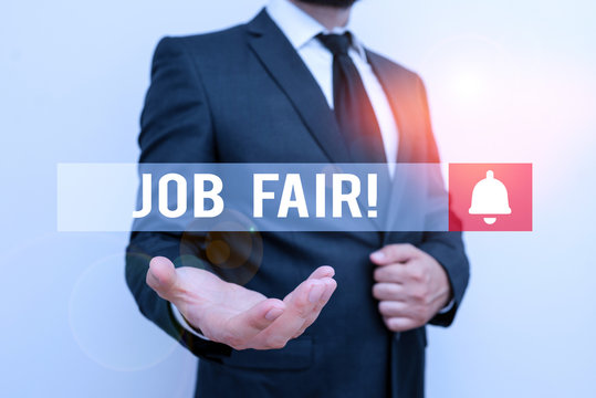 Word writing text Job Fair. Business photo showcasing event in which employers recruiters give information to employees Male human with beard wear formal working suit clothes raising one hand up