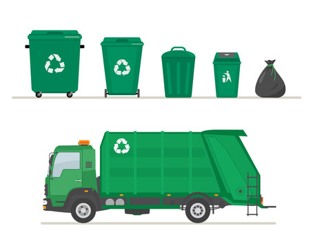 Garbage truck and garbage cans isolated on white background. Ecology and recycle concept. Vector illustration. 