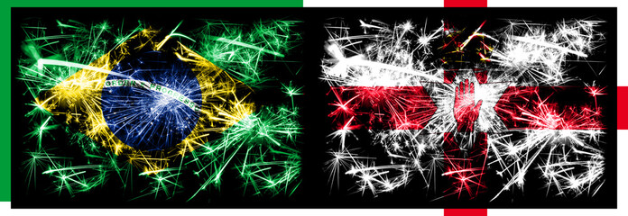 Brazil, Brazilian vs Northern Ireland New Year celebration sparkling fireworks flags concept background. Combination of two states flags