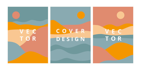 Set of landscape backgrounds with abstract mountains, hills and river in pastel colors. Abstract template in vintage style. Simple artwork in green and orange. Vector illustration