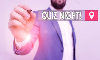 Text sign showing Quiz Night. Business photo showcasing evening test knowledge competition between...