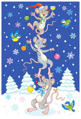 A pyramid of three funny rats - symbols of the New Year in a night glade. In cartoon style. New Year card on a dark blue background. Vector illustration