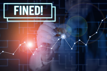 Word writing text Fined. Business photo showcasing clarify beer by causing precipitation of sediment during production Woman wear formal work suit present presentation using smart latest device