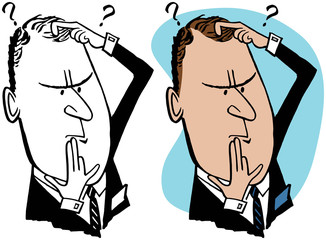A cartoon of a businessman with a confused expression on his face. 