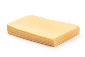 Traditional Dutch Gouda cheese slices, isolated on white background