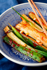 Korean Kimchi pickle cucumber.Marinated cucumbers with chili pepper,garlic,greens onion in blue plate close-up.Healthy vegan snack with probiotic bacteria for healthy eating.Vertical orientation