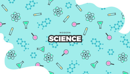 Science commercial banner. Retro style vector scientific background, cute vintage chemistry, physics or biology template for poster or web page design