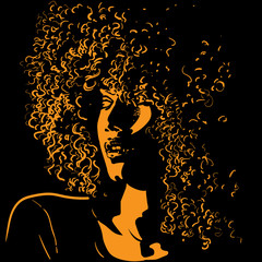 African pretty woman with afro hair style portrait silhouette in contrast backlight. Vector. - obrazy, fototapety, plakaty