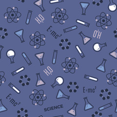 Science seamless pattern. Retro style vector scientific background, cute vintage chemistry, physics or biology template for wrapping paper, web design, patchwork, sewing or sheet fabric