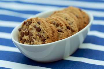 Homemade chocolate cookies in a porcelain plate. Closeup.