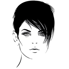 Beautiful girl portrait. Bob hairstyle. Vector. Black and white style. Illustration.