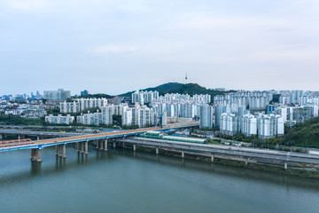 Aerial view from a drone of Seoul downtown skyline at sunrise. Seoul, South Korea.