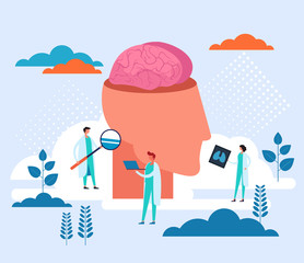 Brain disease research. Health care medicine concept. Vector flat graphic design cartoon illustration