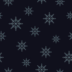 Light geometrical snowflakes on black background. Seamless winter pattern.