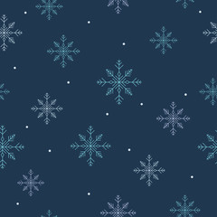 Fototapeta na wymiar Winter seamless pattern. Colorful geometrical snowflakes on dark grey-blue background.