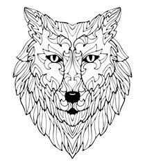 Hand drawing head of wolf with small decor. Good for coloring book pages.