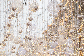 Garlands in the center of the Moscow doorway. A large number of lamps and garlands on Nikolskaya street before Christmas. Holiday concept