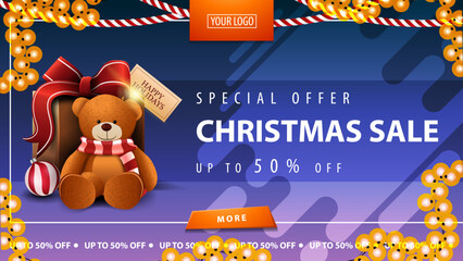 Special offer, Christmas sale, up to 50% off, horizontal blue discount banner with garlands, button and Teddy bear with present