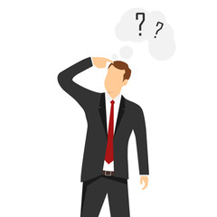 People think about the problem. People think how to solve the created problem. Men stand and think. Flat vector cartoon illustration.