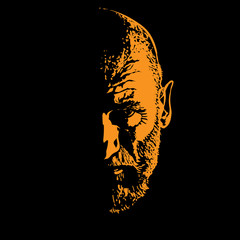 Old Man portrait silhouette in backlight. Contrast face. Vector. Illustration.