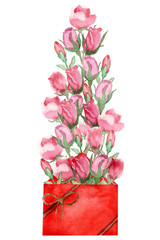 Watercolor hand painted nature romantic holiday celebration composition with pink flower roses, green branches and red gift box with bow on the white background for saint Valentine's day cards