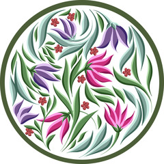 Naklejki  rysunki wektorowe okrągłego elementu z liśćmi i uroczymi kwiatami, kwiecista ramka